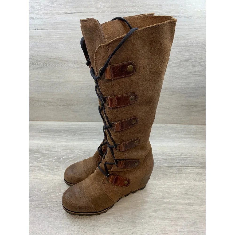Sorel Joan of Arctic Women's Wedge Brown Suede Tall Lace Up Boots 9 Shoes
